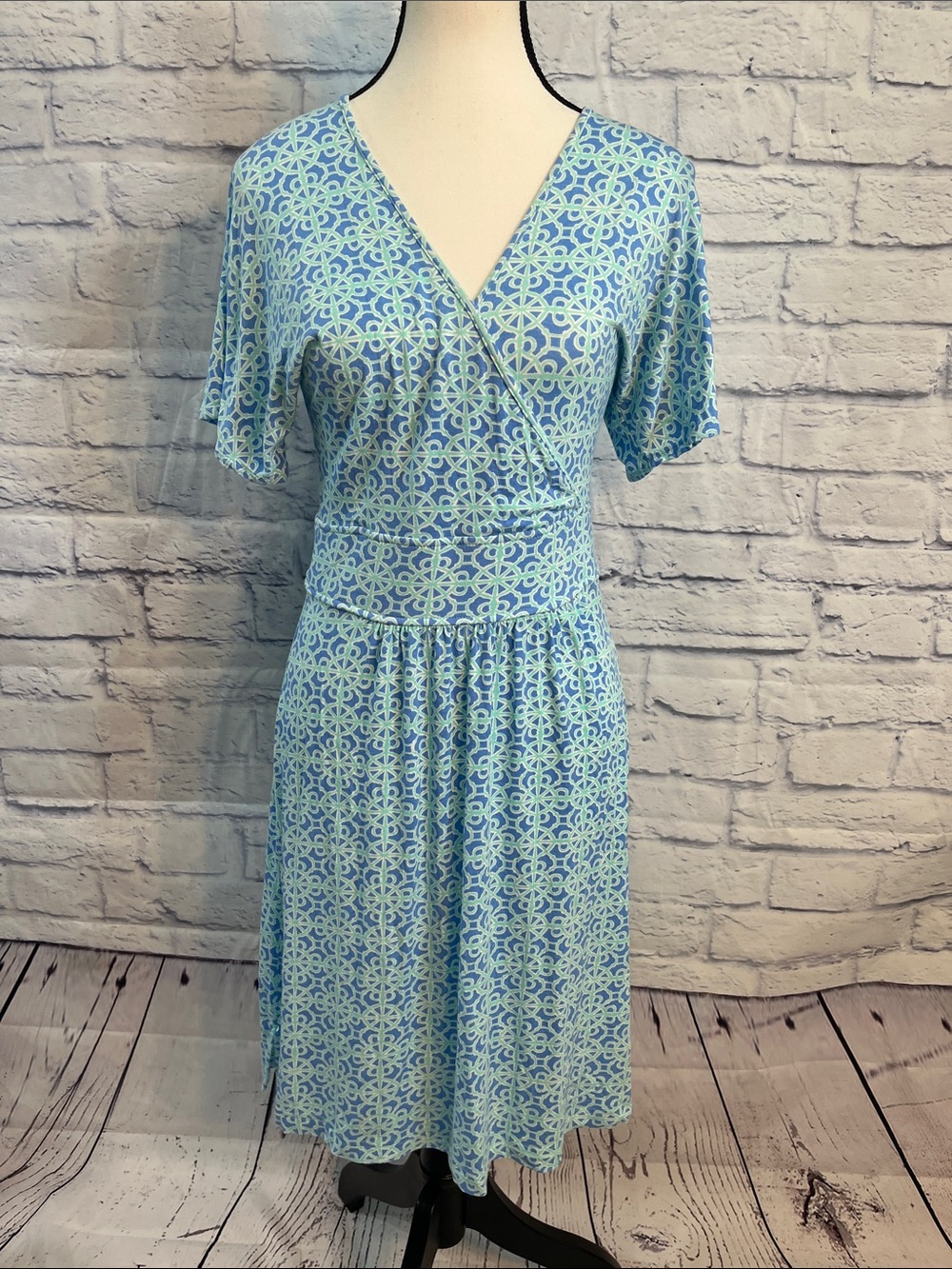 Vineyard Vines Dress Lattice Geometric Print Short Sleeves Faux Wrap Top Size XS